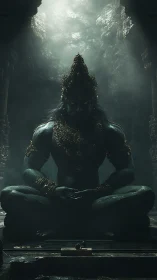 Caveborn stone deity brooding beneath a storm of light.