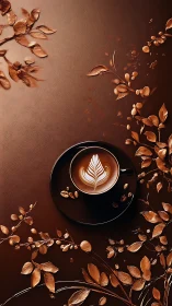 Top-down coffee cup with latte art amid embossed metallic foliage