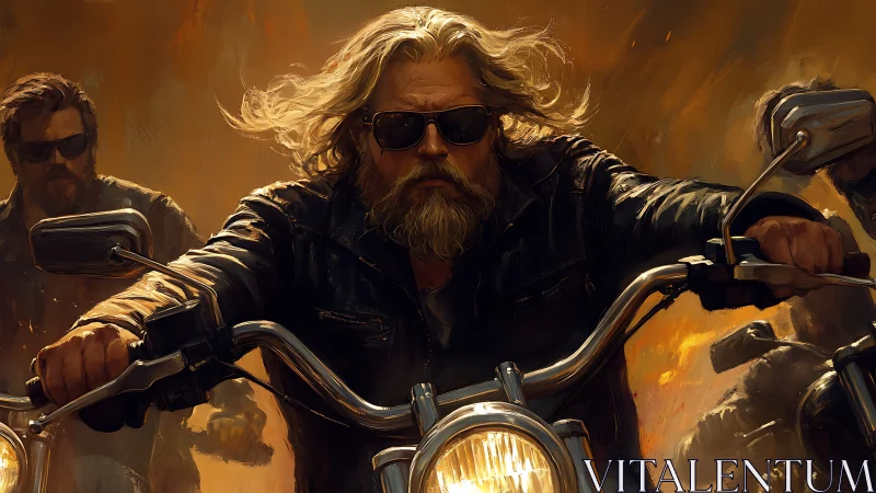 Bearded biker leader rides chrome motorcycle through firestorm.