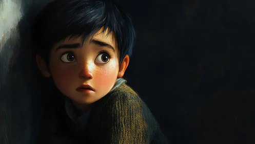 Frightened boy looks over shoulder in dim dramatic light