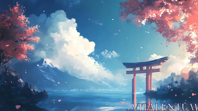 Torii gate on tranquil lake beneath towering cumulus clouds