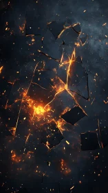 Explosive Energy Burst with Fractured Geometric Forms and Incandescent Light Trails