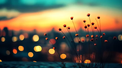 City edge wildflowers sip bokeh lights at molten sunset.