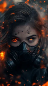 Post-apocalyptic portrait isolates subject with gas mask and embers