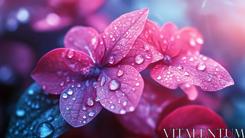 Soft pink petals glow gently under raindrops and cool light