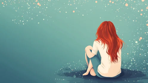 Solitary red-haired girl sits in dreamy teal atmosphere.