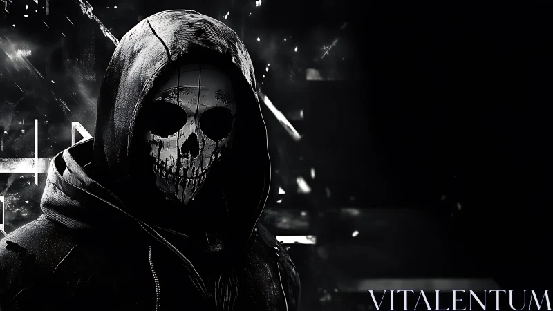 Hooded skull figure emerging from the shadows in monochrome.