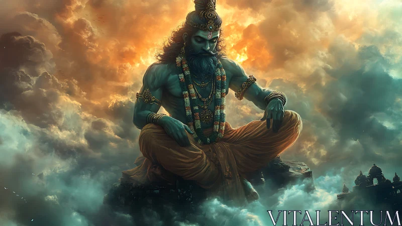 Divine blue deity meditates above stormlit celestial clouds.