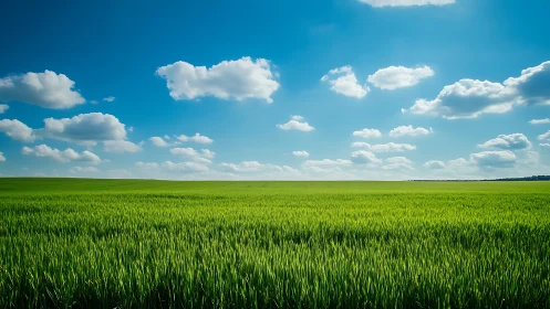 Vast green wheat field under deep blue sky with cumulus clouds