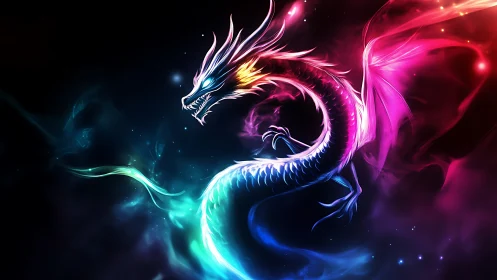 Neon dragon coils through dark space with radiant colored light