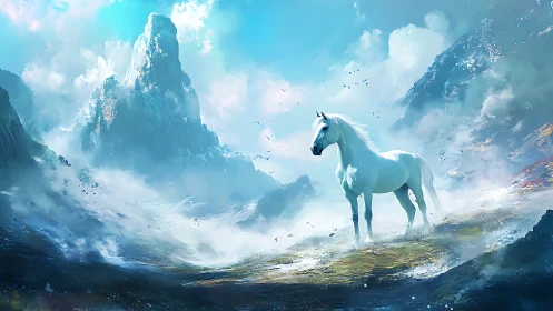 Majestic white horse welcomes dawn in misty blue mountains