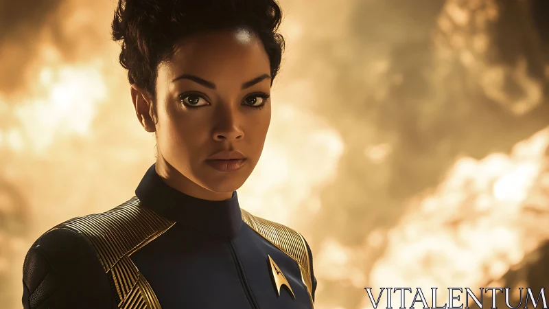 Photorealistic sci‑fi commander portrait with blazing bokeh field.