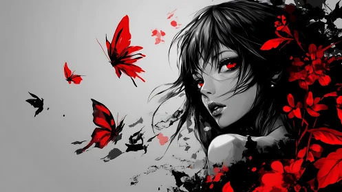 Monochrome female portrait contrasts with red flora and butterflies