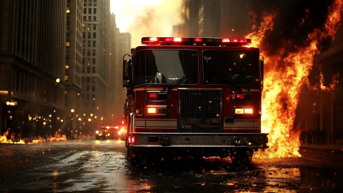 Fire engulfs urban street with emergency response vehicle advancing through inferno