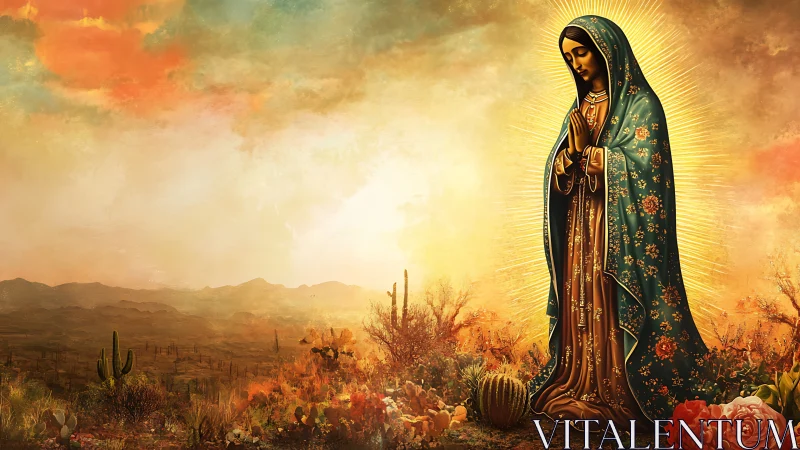 Iconic robed figure with radiant halo over arid desert horizon