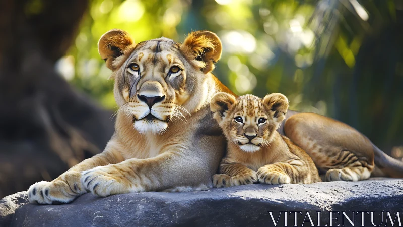 Lioness and Cub Resting on Stone: Wildlife Portrait.