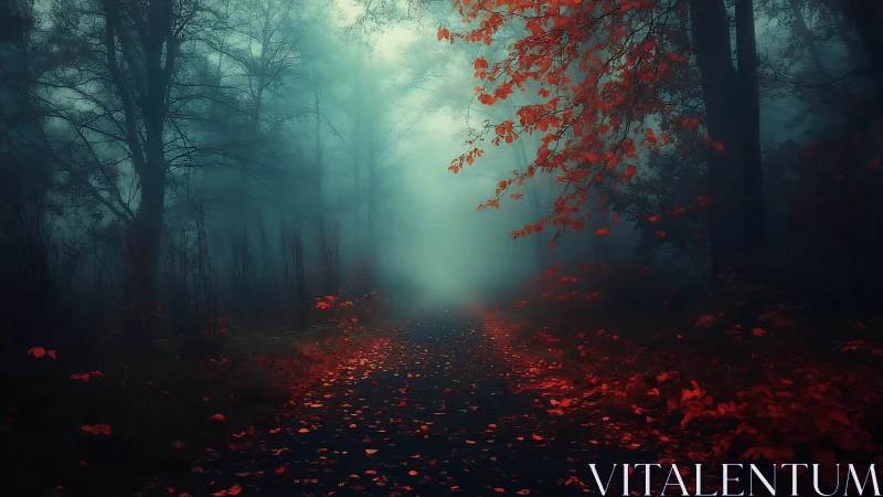 Foggy forest path with vivid red autumn foliage at dusk.