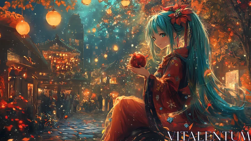 Lantern‑lit festival street with teal‑haired kimono girl.