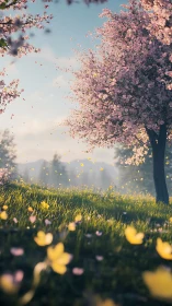 Cherry blossoms and meadow under soft daylight conditions.