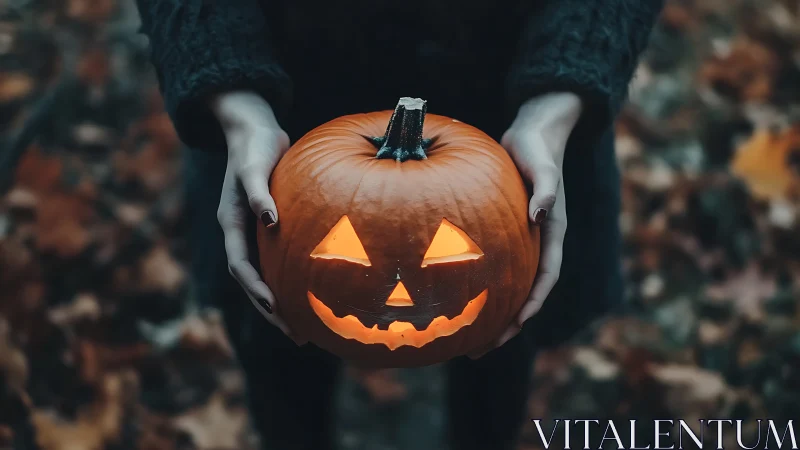 Carved jack o lantern held outdoors in shallow depth focus.