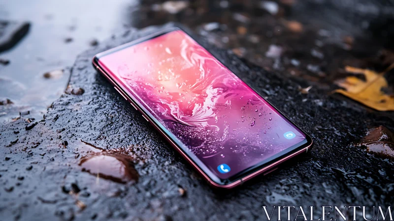 Pink smartphone on wet surface with water droplets