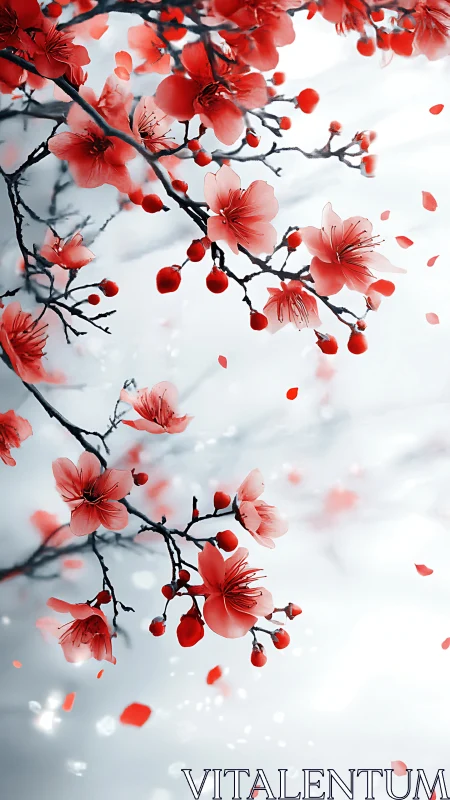 Red Cherry Blossoms Cascade Against White Sky.