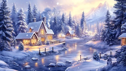 Snowy riverside cabins glow under golden winter twilight.