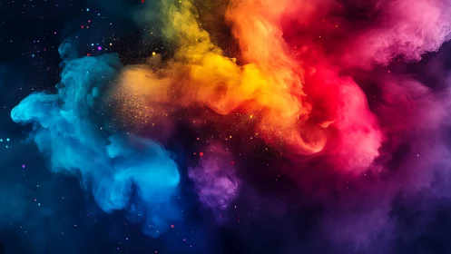 Multicolor abstract clouds of pigment in dark background space.
