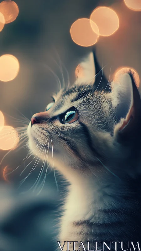 Cat gazing upward with warm bokeh lights.