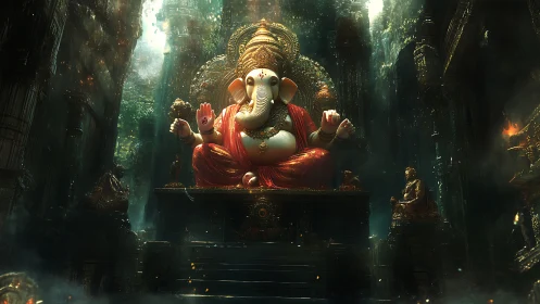 Divine elephant deity throne under luminous jungle vault