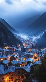 Quiet mountain town glows softly beneath misty twilight skies