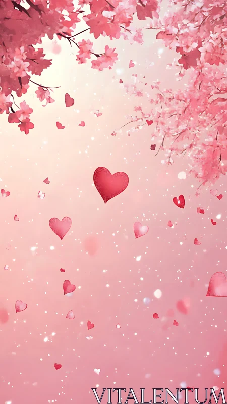 Pink Cherry Blossoms and Floating Hearts Valentine Composition