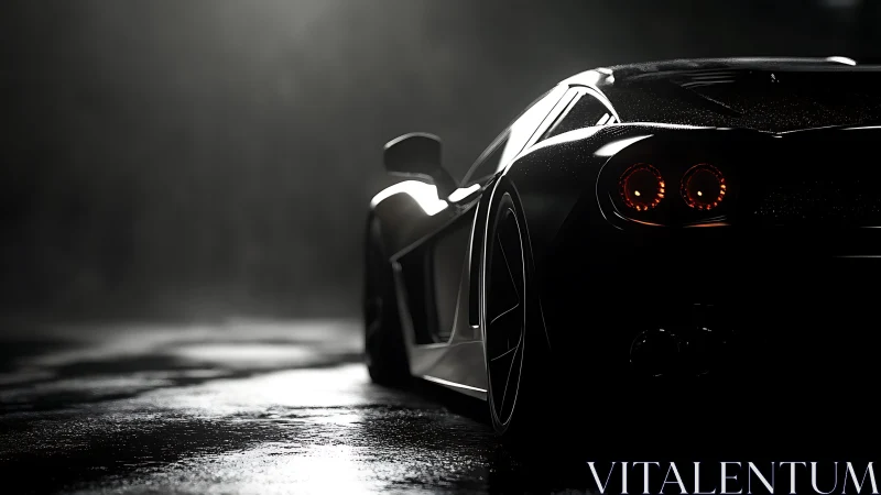Sleek black supercar glows softly on a wet night street