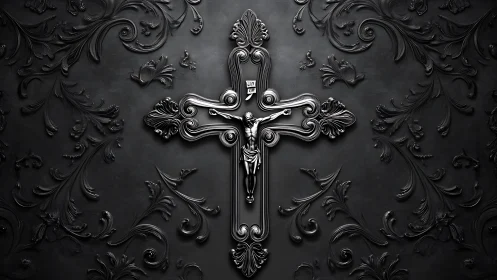 Ornate silver crucifix glowing softly on dark floral wall.