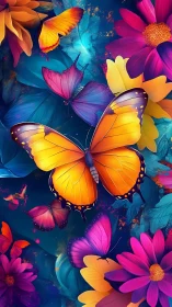 Vibrant digital butterflies glide amid neon florals in motion