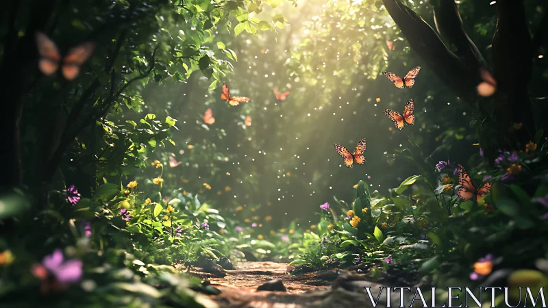 Garden scene with butterflies and flowering plants beneath filtered light