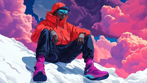 Digital painting of urban climber in neon alpine cloudscape.