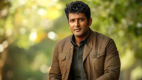 Portrait of a seated man outdoors in soft green bokeh.