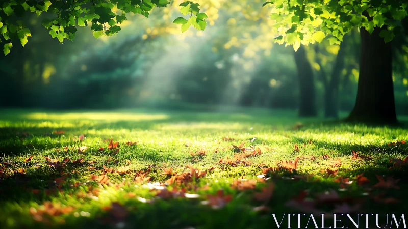 Sunlit leaves whisper quietly across a glowing park floor