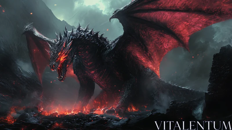 Inferno-winged dragon storms a molten battlefield of ruin.