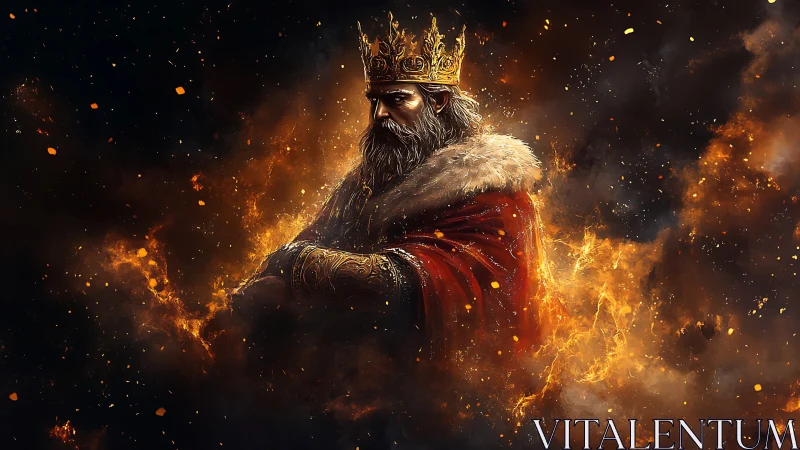 Regal crowned figure in red cloak amid swirling embers.