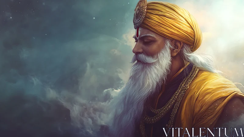 Starlit sage in golden turban drifting through quiet cosmos.