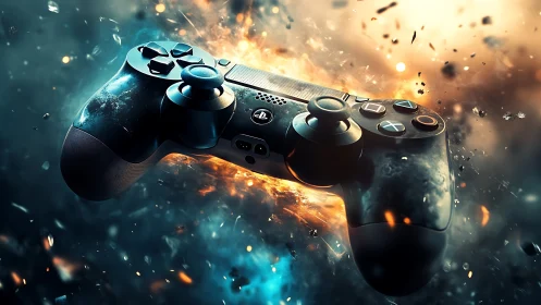 3D explosive gaming controller in dynamic particle field.