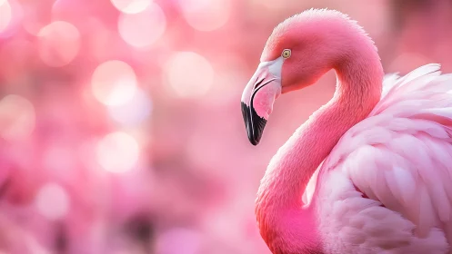Elegant pink flamingo portrait with dreamy bokeh background.
