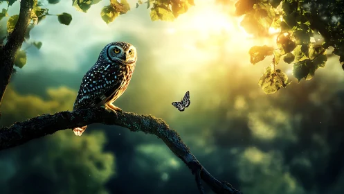 Owl on Branch Watching Butterfly in Dreamy Forest Light.