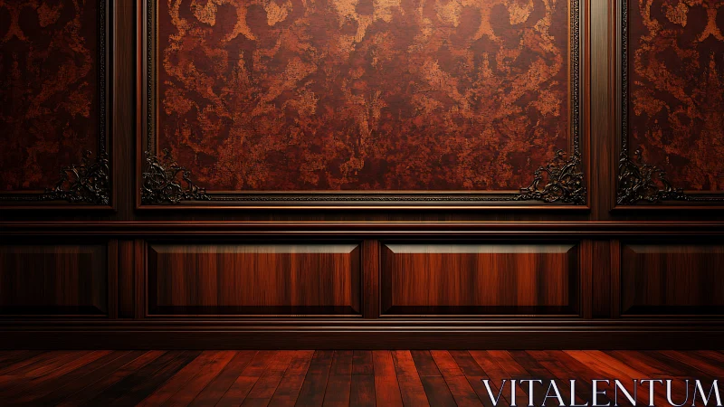 Luxurious wood paneled wall with ornate red damask finish.