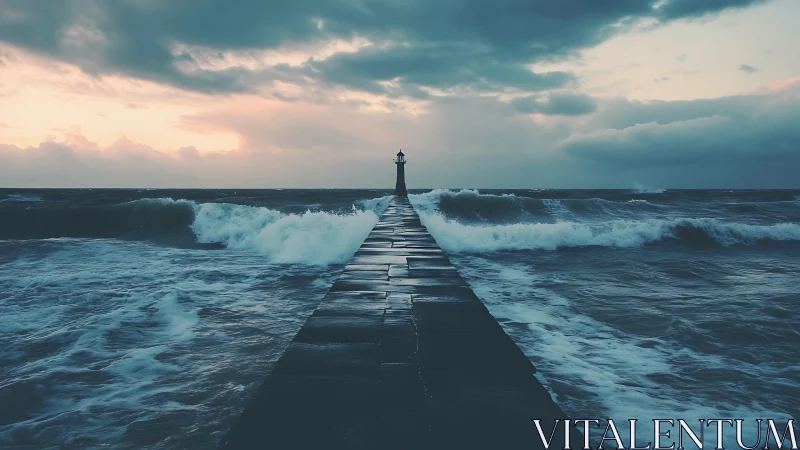 Storm-lashed pier converges on distant lighthouse at dusk