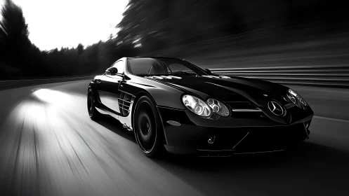 Midnight silver arrow slices through a monochrome racetrack