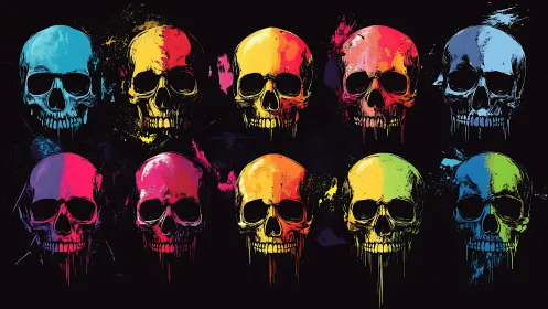 Rowed neon skull illustrations form dripping pop pattern