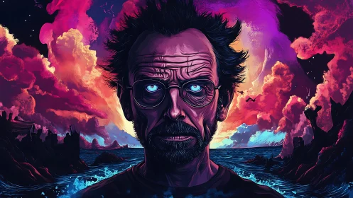 Intense older man portrait before vivid stormy seascape